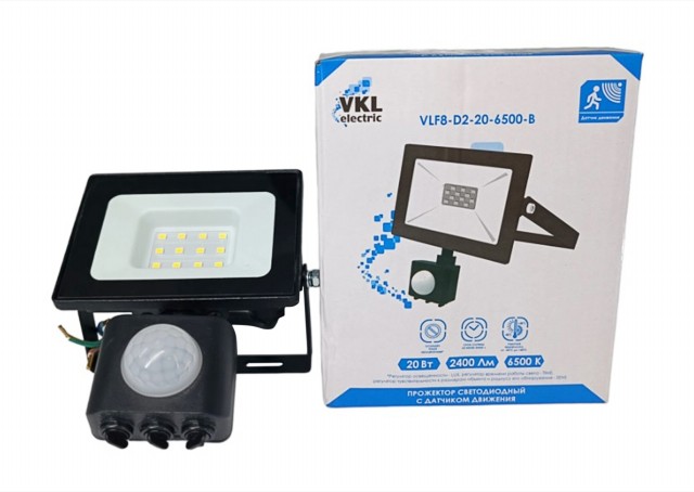 VLF8-D2-20-6500-B 6500K 2400Лм 220V IP65 102*125*55 (руч.рег) черн., прожектор LED с дат. движ. 20W