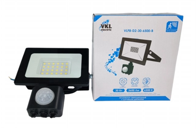 VLF8-D2-30-6500-B 6500K 3600Лм 220V IP65 122*135*55 (руч.рег) черн., прожектор LED с дат. движ. 30W